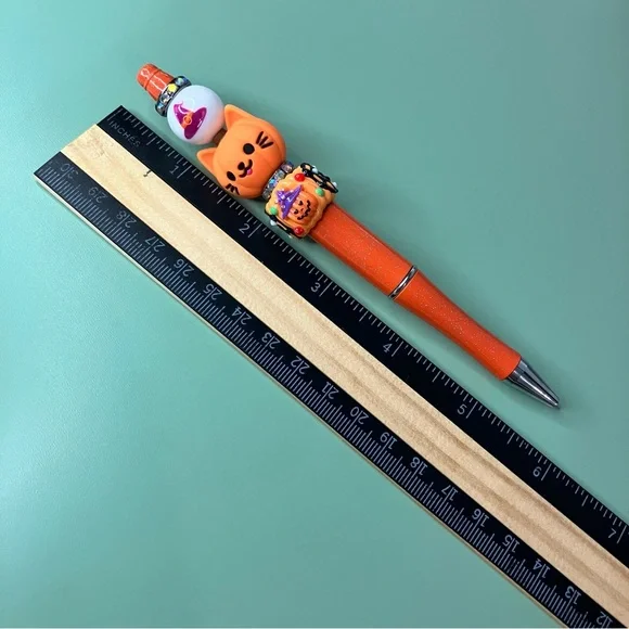 Orange Kawaii Cat Pumpkin Halloween Handmade Beaded Pen - Picture 7 of 7